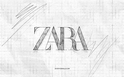 zara 스케치 로고, 4k, 체크 무늬 종이 배경, 자라 블랙 로고, 패션 브랜드, 로고 스케치, 자라 로고, 연필 드로잉, 자라