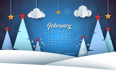 February 2023 Calendar, 4k, winter landscape, 2023 concepts, winter origami background, 2023 February Calendar, February, winter background