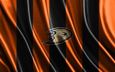 4k, Anaheim Ducks, NHL, orange black silk texture, Anaheim Ducks flag, American hockey team, hockey, silk flag, Anaheim Ducks emblem, USA, Anaheim Ducks badge