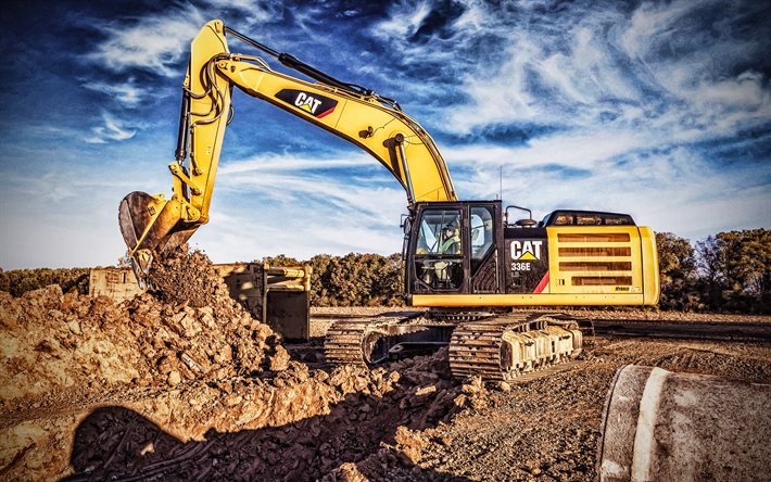 キャタピラー 336e lh, 4k, hdr, 油圧ショベル, 2015年の掘削機, 特殊装置, 採石場, cat 336e 左, 掘削機, 毛虫