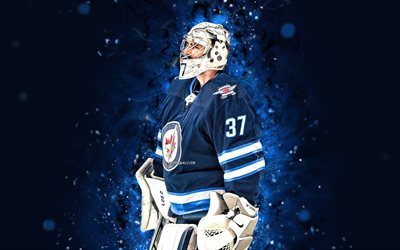 Connor Hellebuyck, 4k, blue neon lights, Winnipeg Jets, NHL, hockey, Connor Hellebuyck 4K, blue abstract background, Connor Hellebuyck Winnipeg Jets