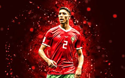 achraf hakimi, 4k, néons rouges, équipe du maroc de football, football, footballeurs, fond abstrait rouge, équipe marocaine de football, achraf hakimi 4k