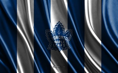 4k, Toronto Maple Leafs, NHL, blue white silk texture, Toronto Maple Leafs flag, Canadian hockey team, hockey, silk flag, Toronto Maple Leafs emblem, USA, Toronto Maple Leafs badge