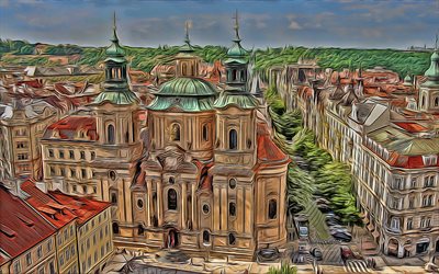 4k, 聖ニコラス教会, プラハ, ベクトル アート, プラハの図面, プラハの街並み, ベクトル図面, チェコ共和国