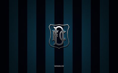 logotipo de dundee fc, equipo de fútbol escocés, premier league escocesa, fondo de carbono azul, emblema del dundee fc, fútbol, fc dundee, escocia, logotipo metálico del dundee fc