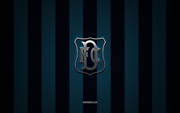 dundee fc logosu, iskoç futbol takımı, iskoç premiership, mavi karbon arka plan, dundee fc amblemi, futbol, dundee fc, iskoçya, dundee fc metal logosu
