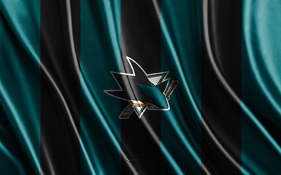 4k, San Jose Sharks, NHL, blue black silk texture, San Jose Sharks flag, American hockey team, hockey, silk flag, San Jose Sharks emblem, USA, San Jose Sharks badge