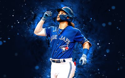 Bo Bichette, 4k, blue neon lights, Toronto Blue Jays, MLB, Shortstop, Bo Bichette 4K, baseball, blue abstract background, Bo Bichette Toronto Blue Jays