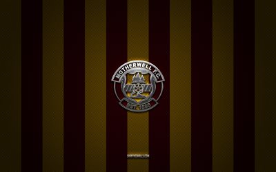 logotipo de motherwell fc, equipo de fútbol escocés, premier league escocesa, fondo de carbono amarillo burdeos, emblema de motherwell fc, fútbol, fc motherwell, escocia, logotipo metálico de motherwell fc