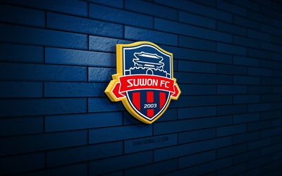 logo suwon fc 3d, 4k, parede de tijolos azul, liga k 1, futebol, clube de futebol sul coreano, logo do suwon fc, emblema do suwon fc, fc suwon, logotipo esportivo, suwon fc