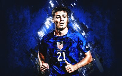 Giovanni Reyna, United States national soccer team, portrait, blue stone background, USA, american footballers, soccer, USMNT