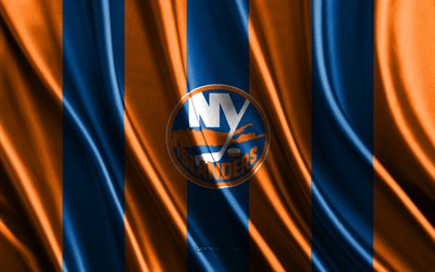 4k, New York Islanders, NHL, blue orange silk texture, New York Islanders flag, American hockey team, hockey, silk flag, New York Islanders emblem, USA, New York Islanders badge