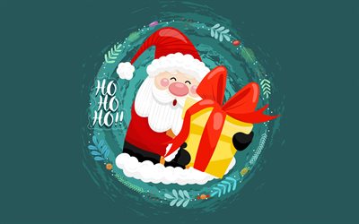 4k, Happy New Year, Santa Claus, Christmas background, Santa Claus with gifts, background with Santa Claus, Merry Christmas, Happy New Year card