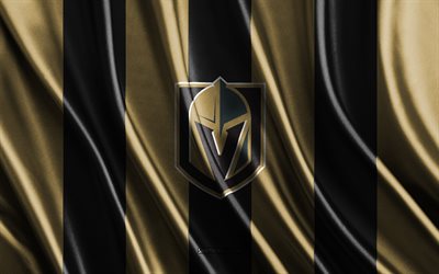 4k, Vegas Golden Knights, NHL, golden black silk texture, Vegas Golden Knights flag, American hockey team, hockey, silk flag, Vegas Golden Knights emblem, USA, Vegas Golden Knights badge