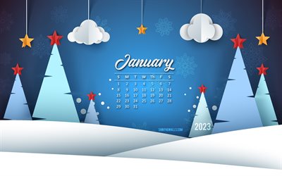 calendario enero 2023, 4k, paisaje de invierno, 2023 conceptos, fondo de origami de invierno, enero, fondo de invierno