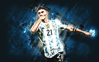 Paulo Dybala, portrait, Argentina national football team, blue stone background, Argentina, football