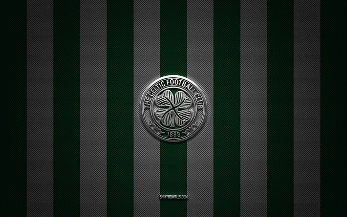 logotipo del celtic fc, equipo de fútbol escocés, premier league escocesa, fondo de carbono blanco verde, emblema del celtic fc, fútbol, celta fc, escocia, logotipo metálico del celtic fc