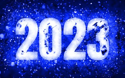 4k, 2023년 새해 복 많이 받으세요, 진한 파란색 네온 불빛, 2023년 컨셉, 네온 아트, 창의적인, 2023 진한 파란색 배경, 2023년, 2023 진한 파란색 숫자