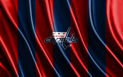 4k, Washington Capitals, NHL, blue red silk texture, Washington Capitals flag, American hockey team, hockey, silk flag, Washington Capitals emblem, USA, Washington Capitals badge