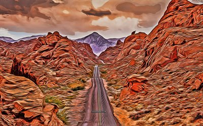 Valley of Fire, 4k, vector art, red rocks, Nevada, Valley of Fire State Park, Valley of Fire drawings, creative art, Overton, USA