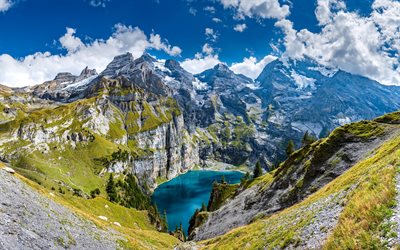 lago oeschinen, oeschinensee, lago de montaña, vista desde arriba, heuberg, alpes, lagos suizos, paisaje de montaña, hermoso lago, oberland bernés, suiza