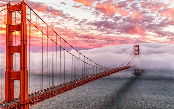 Golden Gate Bridge, morning, sunrise, fog, red suspension bridge, Golden Gate, San Francisco Bay, Pacific Ocean, San Francisco, California, USA