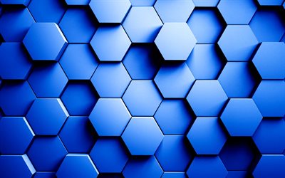 sfondo blu esagonale 3d, trama esagonale blu, sfondo blu 3d, sfondo esagonale, sfondo creativo blu, sfondo geometrico 3d