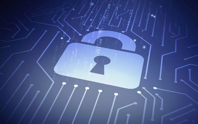 サイバーセキュリティ, 青い技術の背景, サイバー防衛の背景, ロック付きの背景, ブルーネオンロック, 情報保護, コンピュータ保護