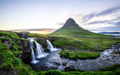 スナイフェルスネス国立公園, 4k, キルキュフェル山, 夏, 滝, 美しい自然, レイキャビク, アイスランド, アイスランドのランドマーク