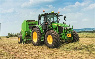 John Deere 6120M, raking grass, 2022 tractors, agricultural machinery, collecting grass, green tractor, tractor in the field, agriculture concepts, agriculture, John Deere