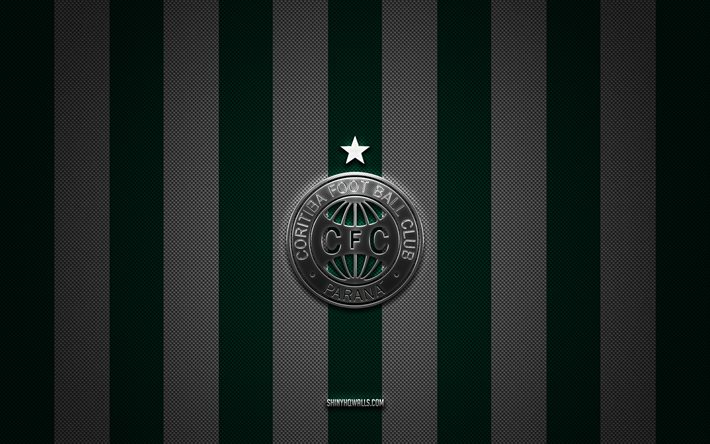 logotipo de coritiba fc, club de fútbol brasileño, serie a brasileña, fondo de carbono blanco verde, emblema de coritiba fc, fútbol, coritiba fc, brasil, logotipo de metal plateado de coritiba fc