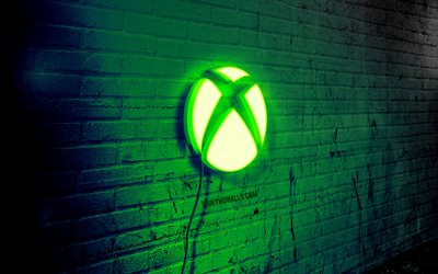 logo neon xbox, 4k, muro di mattoni rosso, arte grunge, creativo, logo su filo, logo verde xbox, logo xbox, grafica, xbox