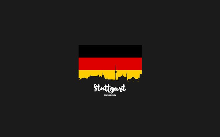 4k, stuttgart, alemanha bandeira, stuttgart skyline, cidades alemãs, stuttgart arte minimalista, stuttgart skyline silhouette, stuttgart cityscape, alemanha, fundo cinza
