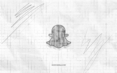 snapchat スケッチ ロゴ, 4k, 市松模様の紙の背景, snapchat の黒のロゴ, ソーシャルネットワーク, ロゴスケッチ, スナップチャットのロゴ, 鉛筆画, スナップチャット