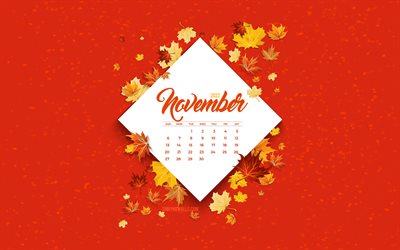calendrier de novembre 2022, 4k, fond d automne, feuilles d automne jaunes, calendriers d automne, novembre 2022 automne