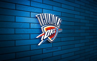 logo oklahoma city thunder 3d, 4k, mur de briques bleu, nba, basket-ball, logo oklahoma city thunder, équipe américaine de basket-ball, logo de sport, oklahoma city thunder, okc