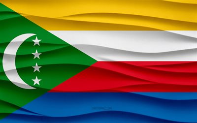 4k, Flag of Comoros, 3d waves plaster background, Comoros flag, 3d waves texture, Comoros national symbols, Day of Comoros, African countries, 3d Comoros flag, Comoros, Africa