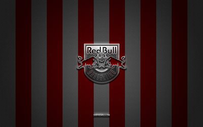 logotipo de red bull bragantino, club de fútbol brasileño, serie a brasileña, fondo de carbono blanco rojo, emblema de red bull bragantino, fútbol, red bull bragantino, brasil, logotipo de metal plateado de red bull bragantino