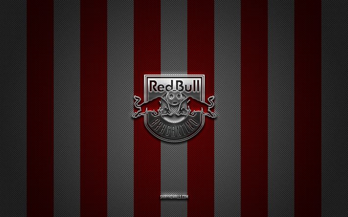 red bull bragantino-logo, brasilianischer fußballverein, brasilianische serie a, rot-weißer kohlenstoffhintergrund, red bull bragantino-emblem, fußball, red bull bragantino, brasilien, red bull bragantino-silbermetalllogo
