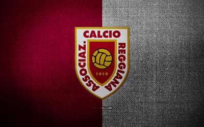 AC Reggiana 1919 badge, 4k, purple white fabric background, Serie B, AC Reggiana 1919 logo, AC Reggiana 1919 emblem, sports logo, AC Reggiana 1919 flag, italian football club, AC Reggiana 1919, soccer, football, Reggiana FC