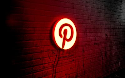 Pinterest neon logo, 4k, red brickwall, grunge art, creative, logo on wire, Pinterest red logo, social natworks, Pinterest logo, artwork, Pinterest