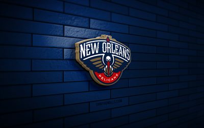 logo 3d dei new orleans pelicans, 4k, muro di mattoni blu, nba, basket, logo dei new orleans pelicans, squadra di basket americana, logo sportivo, new orleans pelicans