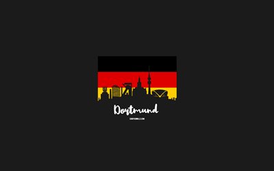 4k, Dortmund, Germany flag, Dortmund skyline, german cities, Dortmund minimal art, Day of Dortmund, Dortmund skyline silhouette, Dortmund cityscape, I love Dortmund, Germany, gray background