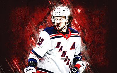 Artemi Panarin, New York Rangers, NHL, Russian hockey player, blue stone background, hockey, National Hockey League, USA