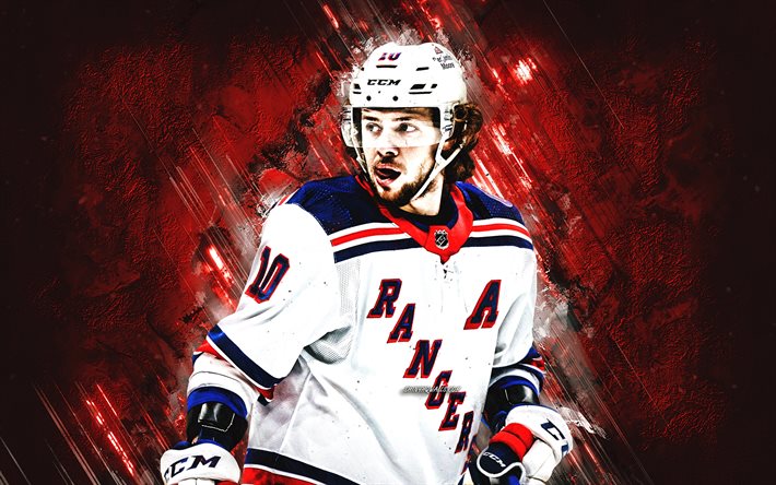 Artemi Panarin, New York Rangers, NHL, Russian hockey player, blue stone background, hockey, National Hockey League, USA