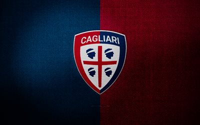 Cagliari FC badge, 4k, blue purple fabric background, Serie B, Cagliari FC logo, Cagliari FC emblem, sports logo, Cagliari FC flag, italian football club, Cagliari Calcio, soccer, football, Cagliari FC