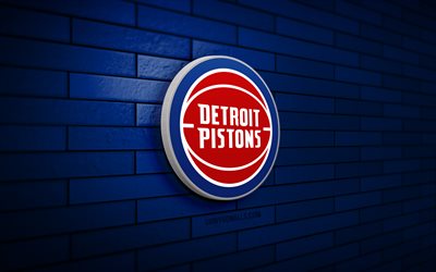 detroit pistons logotipo 3d, 4k, azul brickwall, nba, basquete, detroit pistons logotipo, time de basquete americano, logotipo esportivo, detroit pistons