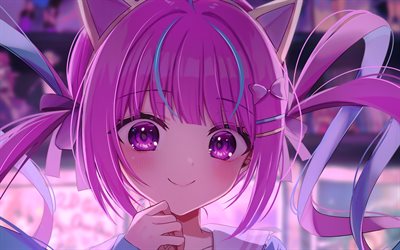 Minato Aqua, girl with purple eyes, Virtual YouTuber, cat, VTuber, artwork, manga, Minato Aqua channel, Minato Aqua Virtual YouTuber