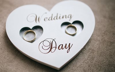 jour du mariage, 4k, anneaux de mariage, coeur en bois, support pour les anneaux de mariage, concepts de mariage, anneaux, fond d invitation de mariage, anneaux d or