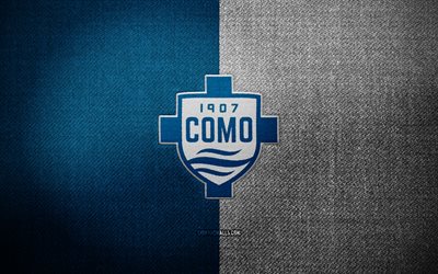 como 1907 distintivo, 4k, tessuto bianco blu, sfondo, serie b, como 1907 logo, como 1907 stemma, logo sportivo, como 1907 bandiera, squadra di calcio italiana, fc como 1907, como 1907, calcio, como fc